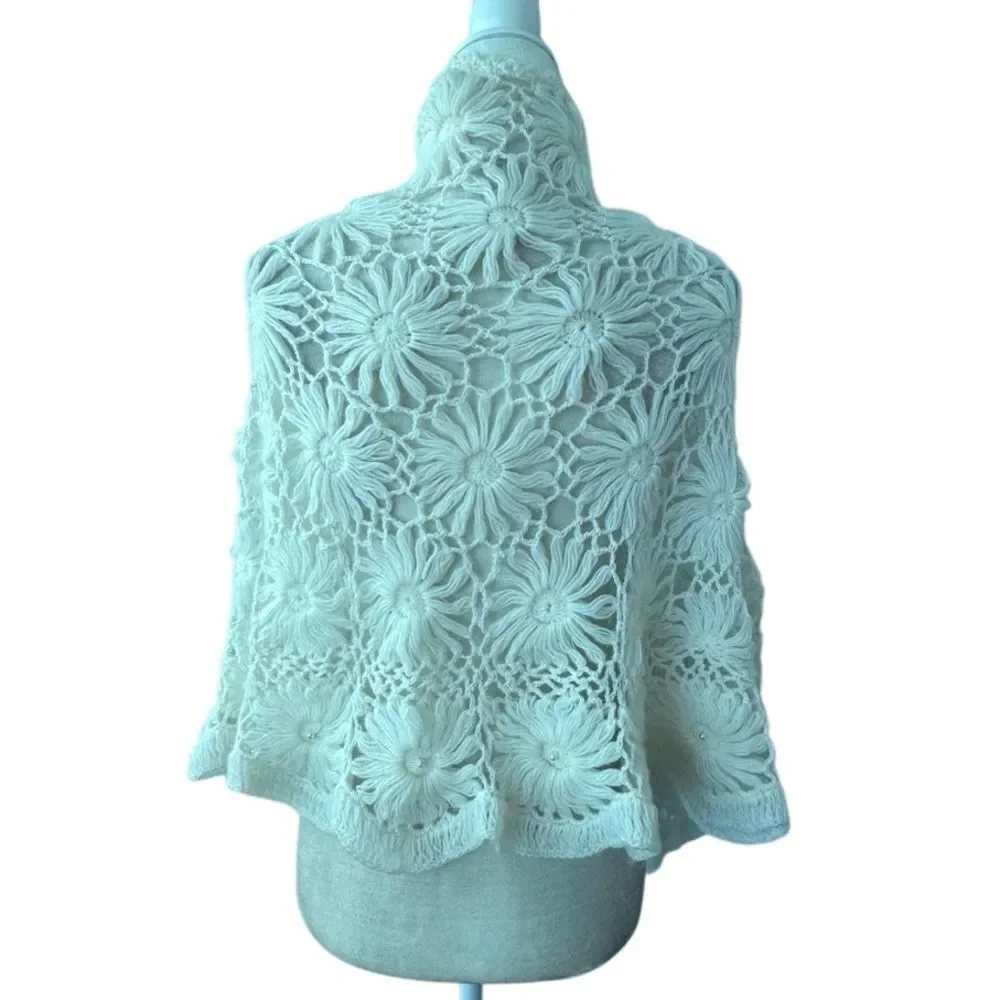 Handmade Crochet Cream Shawl Large Floral Pattern Pearl Detail Handmade